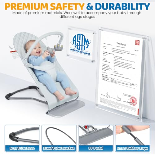 Orzbow Baby Bouncer, Portable Baby Bouncer Seat for 0-18 Months Up to 20 lbs - 3 Recline Positions, Foldable Infant Bouncy Seat with Removable Play Bar, Ergonomic Design, Grey