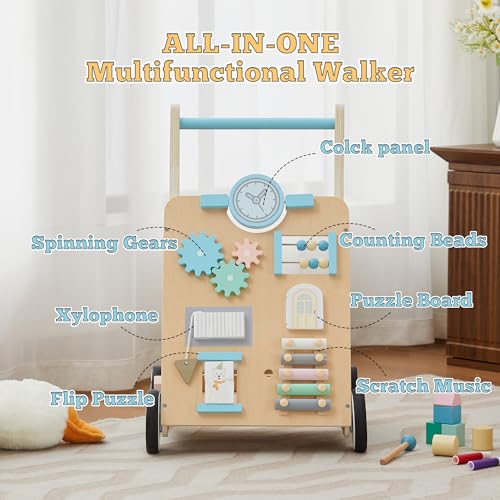 Tltaroni Baby Walker with Activity Center, Wooden Walker Toddler Push Walker Adjustable Height and Speed Montessori Walker Toy for Boys Girls Ages 9+ Months, Blue