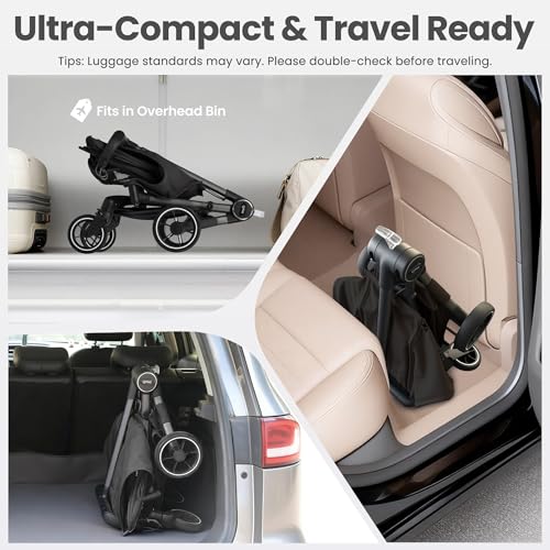 QPlay Travel Stroller for Baby & Toddlers Ages 6 Months to 4 Year Old – 9.48lbs Lightweight & Ultra-Compact Umbrella Stroller with One-Hand Fold, Airplane Carry-on Size, Reclining Seat (Black)