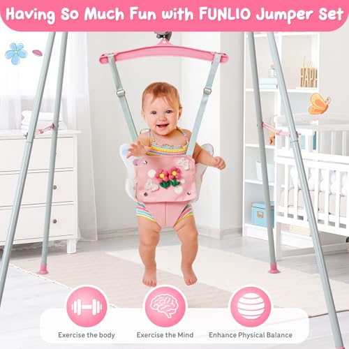 FUNLIO Baby Jumper with Stand for 6-24 Months, Infant Jumper for Indoor/Outdoor Play, Toddler Jumper for Baby Girl/Boy, with Adjustable Chain, Easy to Assemble & Store (with Stand) - Pink Butterfly