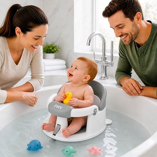 PMV Baby Bath Seat for Sitting Babies, Non-Slip Baby Bath Chair with 3 Suction Cups, Safe & Comfortable Toddler Bath Support Seat for Bath/Shower Use, Stable Design, Gray (6–24 Months) (Gray)