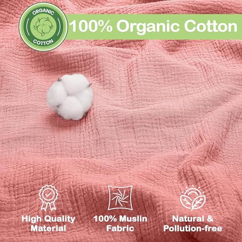 infancie Organic Muslin Baby Blanket 2-Pack Rose & Peach, 47x47 Inch 100% Organic Cotton Oeko-TEX Certified Hypoallergenic Swaddle Blanket for Newborn Girls, Elegant Baby Girl Shower Gift