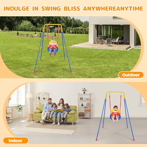 2 in 1 Toddler Swing ＆ Jumper with Frame, Outdoor, Indoor, Baby Swing with Safety Belt for Indoor and Outdoor Use, Foldable Metal Stand & Clear Instructions, Easy to Assemble