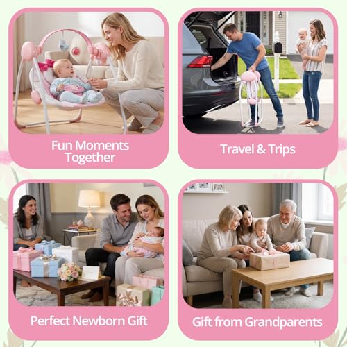 Portable Baby Swing, Pink Electric Infant Swing with 5 Speed Levels, 6 Songs & Timer – Battery-Powered Only (No Batteries Included) Pink and White