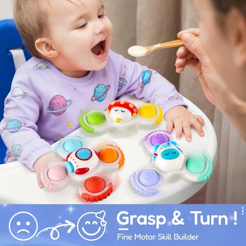 ALASOU 3PCS Pop Suction Cup Spinner Sensory Airplane Travel Toys for 1 Year Old Boy Girl Infant Toddlers|Novelty Spinning Tops 12 18 Months|1 2 Year Old Boy Birthday Gift|Baby Bath Toy Kids Ages 1-3