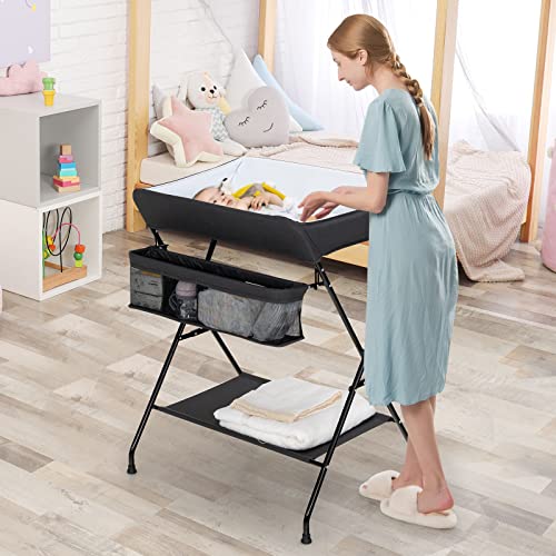 Costzon Changing Table, Portable Baby Changing Table Foldable Diaper Changing Station with Safety Belt, Large Storage Rack & Shelf, Nursery Organizer for Newborn Infant (Black)