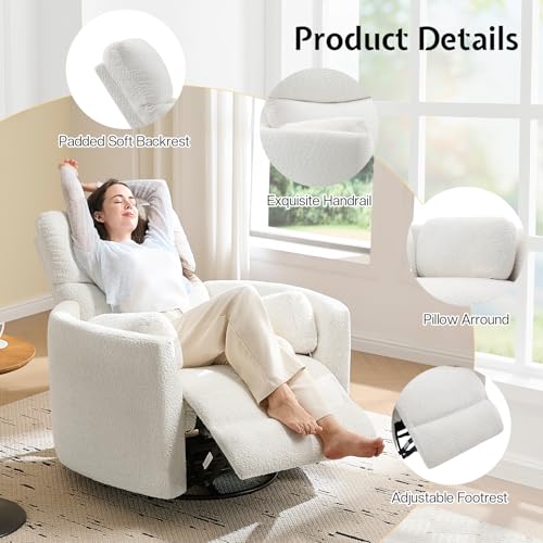 Jocisland Power Recliner Nursery Chair for Adults, Electric Swivel Rocking Glider with USB & Type-C Charge, Teddy Sherpa Armchair with 2 Pillows, Cozy Reclining Sofa for Living Room, Bedroom, White