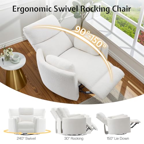 Jocisland Power Recliner Nursery Chair for Adults, Electric Swivel Rocking Glider with USB & Type-C Charge, Teddy Sherpa Armchair with 2 Pillows, Cozy Reclining Sofa for Living Room, Bedroom, White