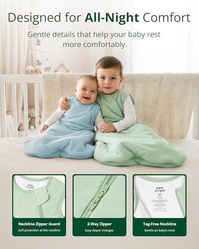 EARTH PENGUIN Soft Bamboo Viscose Baby Sleep Sack 6-18 Months, 1.0 TOG Baby Sleeping Bag 2 Pack, Cozy Baby Wearable Blanket 2-Way Zipper