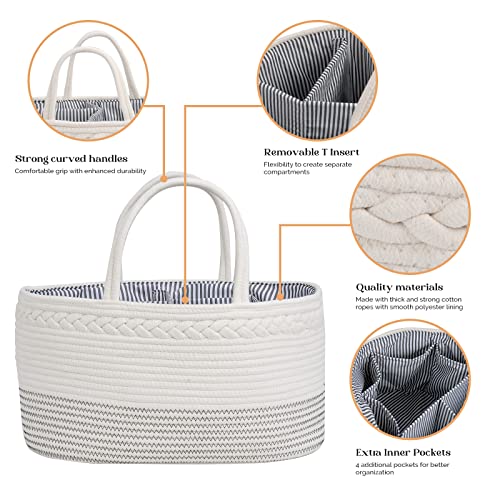 luxury little Diaper Caddy Organizer, Large Cotton Rope Nursery Baby Basket, Changing Table Organizer for Baby Diaper Storage, Portable Car Organizer Removable Divider (Off White, Extra Large)