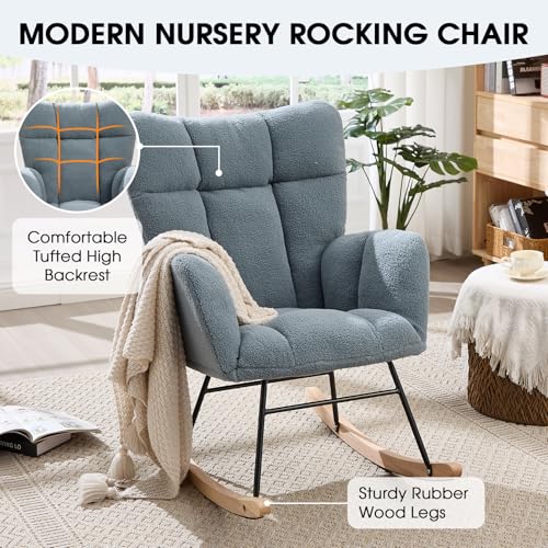Sudwesto Nursery Rocking Chair, Teddy Upholstered Glider Chair with High Backrest, Tufted Rocker Glider Chair with Thick Cushion, Cozy Rocking Armchair, Rocker Padded Seat for Bedroom(Blue)