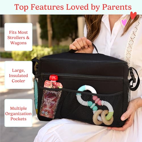 J.L. Childress Cool 'N Cargo Stroller & Wagon Cooler - Insulated Stroller Organizer Bag with Cup & Bottle Holder, Travel Accessory for Parents, Universal Fit, Large Capacity Storage Attachment - Black