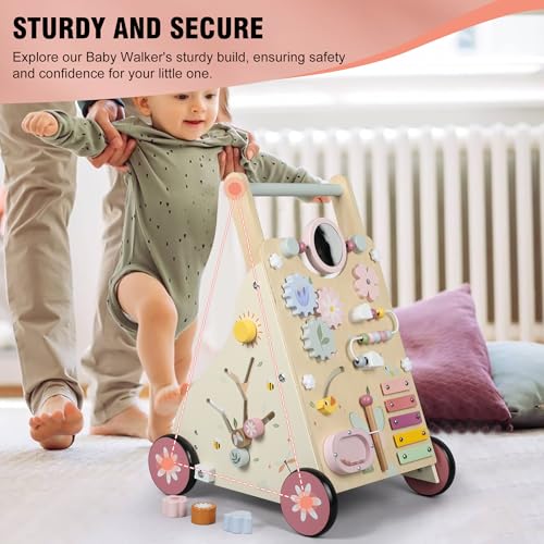 Pithfor Wooden Baby Walker, Baby Push Walker, Push Walker Toys for Babies Learning to Walk & Sit-to-Stand, with Montessori Sensory Toy & Activity Center for Girls Boys