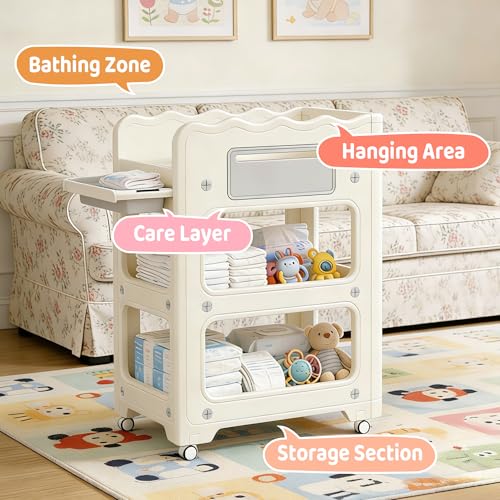 Baby Changing Table, with Lockable Wheels Foldable Portable Diaper Station, Waterproof Nursery Unit for Newborn Infant Essentials Storage Baskets & Cradle Travel-Friendly Easy-Clean Surface Compact