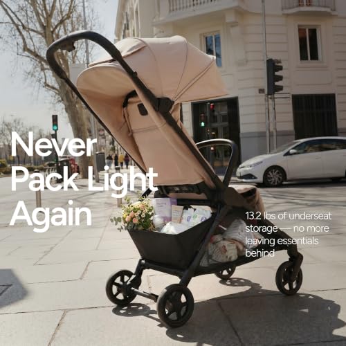 Mompush Nexis Carbon Travel Stroller, Ultra-Lightweight 11.5 lbs, Compact & Airplane Carry-On Approved, One-Second Auto-Fold, One-Hand Full Recline, from Birth to 50 lbs, JPMA Certified, Khaki