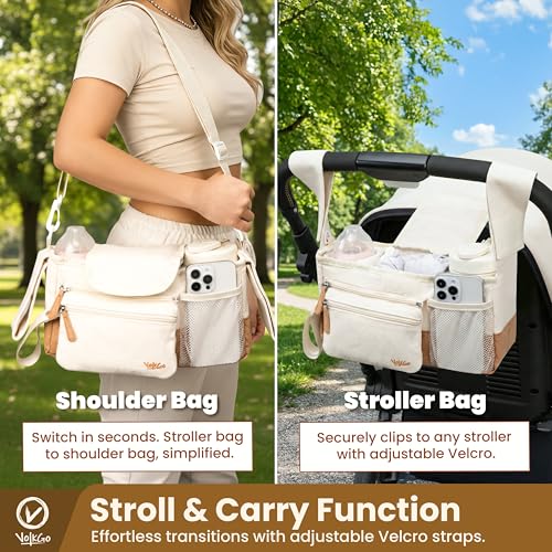 V VOLKGO Stroller Caddy with Cup Holder - Stroller Organizer Bag for Baby Travel Gear, Baby Bottle Organizer & Baby Diaper Caddy | Insulated XL 40oz, Detachable Wristlet, Premium Canvas & Natural Cork