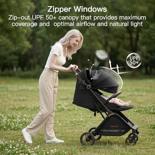 Gromast Gravity Folding Baby Stroller - Portable Travel Toddler Stroller w/Adjustable Backrest, Canopy & Cup Holder, Lightweight and UV Protected, One-Hand Automatic Folding - Black