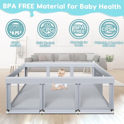 Fshibila 74" ×50" Large Baby Playpen, Baby Playard for Babies and Toddlers, Baby Fence Play Pens for Indoor & Outdoor, Sturdy Safety Play Yard with Soft Breathable Mesh, Anti-Fall, Grey
