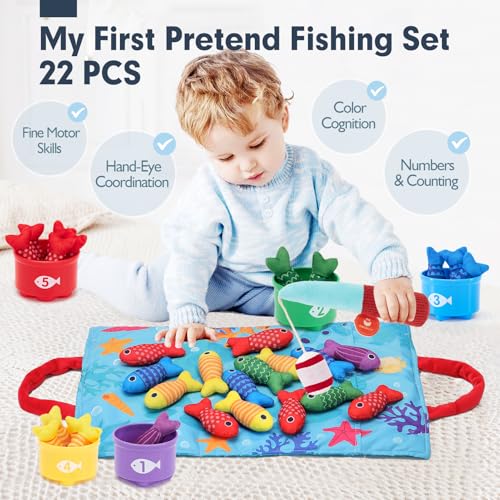 hahaland Montessori Toys for 1 Year Old Boy Girl Birthday Gift - 10 in 1 Cloth Fishing Game Toddler Toys with Stacking Cups - Number Counting, Color Sorting Learning