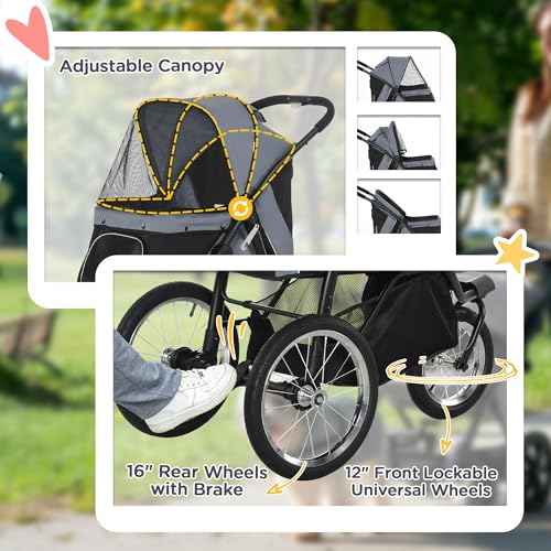 PawHut 3 Wheels Pet Stroller, Foldable Dog Stroller with Adjustable Canopy, Safety Tether, Cushion, Storage Basket, Portable Jogger for Small and Medium Dogs and Cats, Gray