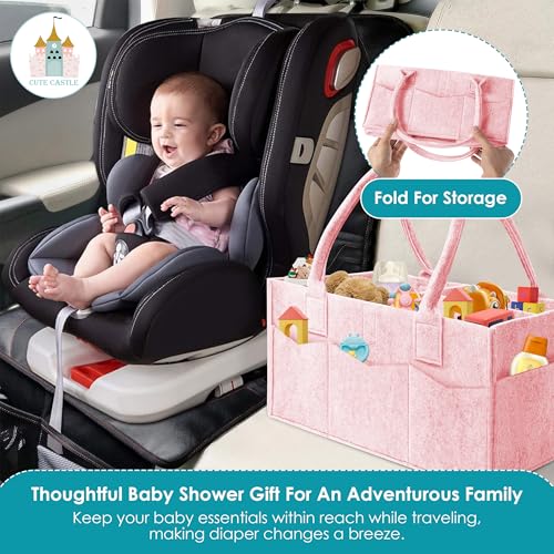 Cute Castle 2 Pack Diaper Caddy Organizer - Portable Baby Caddy Organizer with Handle, Nursery Storage Bin and Car Organizer for Girls, Boys - Baby Gift Basket - Pink