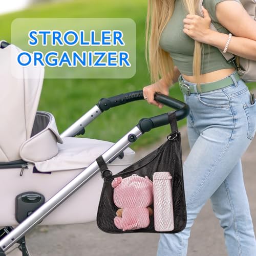 Elfzone Stroller Side Bag - Bike/Stroller Organizer, Hook & Loop Easy Attach - Mesh Design, Non-Slip Straps, mom Cozy Stroller Organizer, Stroller Accessories, Black (BLACK 2PCS)