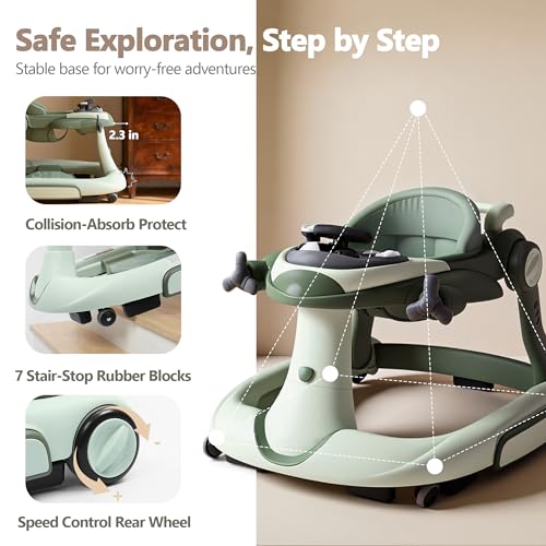 Kinder King 8-in-1 Baby Walker with Music & Lights, 3 Level Adjustable Height, Foldable Toddler Walker with Speed Adjustable Wheels, Easy to Clean, Baby Walkers for Boys & Girls 6-18 Months