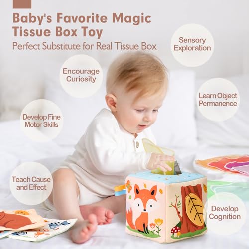 hahaland Baby Tissue Box Toy - Baby Toys 6-12 Months Montessori Toys for 6 Month Old Must Haves - Babies Boy Girl Gifts 6 7 8 9 10 12 Month Old Sensory Pulling Play Scarf Toys 1 Year Old Birthday Gift