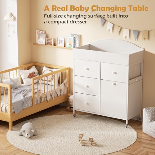 DTK Baby Dresser with Changing Table Top,4-Drawers Changing Table Dresser with Tile-Out Trash Cabinet and Pull-Out Shelf,Diaper Changing Station with Waterproof Pad and Storage for Nursery,White