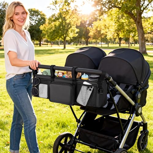 Double Stroller Organizer for Bob Duallie and Baby Jogger City Mini GT2, Double Baby Stroller Accessories with 2 Cooler Pockets, Parent Console Double Jogging Stroller Caddy with Zipper Bag(Bag Only)