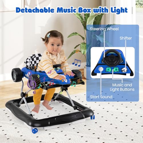 HONEY JOY Baby Walker, 4-in-1 Foldable Infant Activity Push Walker, Toddler Car Walker with Adjustable Heights, Music, Lights, Padded Seat, Baby Walker with Wheels for Boys Girls 6-18 Months (Blue)