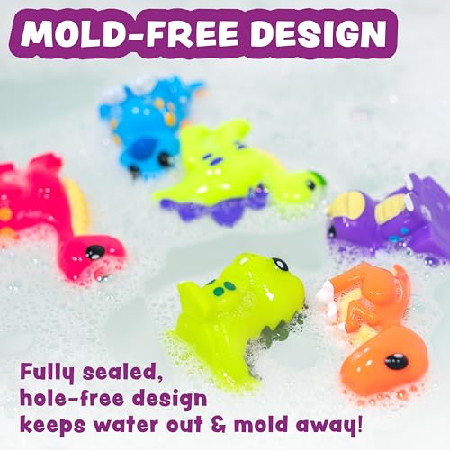 Tub Works® Dinosaur Mold Free Bath Toys, 6 Pack | Sealed, No Hole Bath Toys Design Keeps Moisture Out | Soft, Squeezable & Float on Water | Easy-Grip Baby & Toddler Bath Toy Set | Great Baby Pool Toys