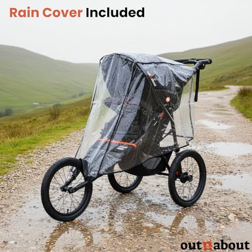 Out’n’About Nipper Sport Jogging Stroller | Lightweight All-Terrain 3-Wheel Stroller | Rain Cover Included | 16” Air-Filled Tires, Suspension, Handlebar Brake | Newborn to 4 Years | Summit Black