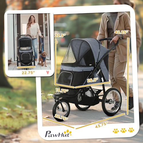 PawHut 3 Wheels Pet Stroller, Foldable Dog Stroller with Adjustable Canopy, Safety Tether, Cushion, Storage Basket, Portable Jogger for Small and Medium Dogs and Cats, Gray