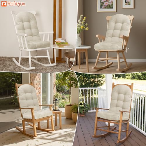 ROFIEJOX Rocking Chair Cushion - Soft Chenille Fabric Seat Pad with Tufted Design, Non-Slip Bottom and Secure Ties, for Nursery Glider, Adirondack and Indoor Rocker Chair, 44x19x4 Inch, Oyster White