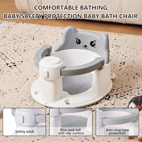Baby Bath Seat for Babies 6 Months and Up, Non-Slip Bathtub Support Seat for Toddlers, Portable Infant Bath Chair with Strong Suction Cups, Safety Armrest & Cute Bear Backrest