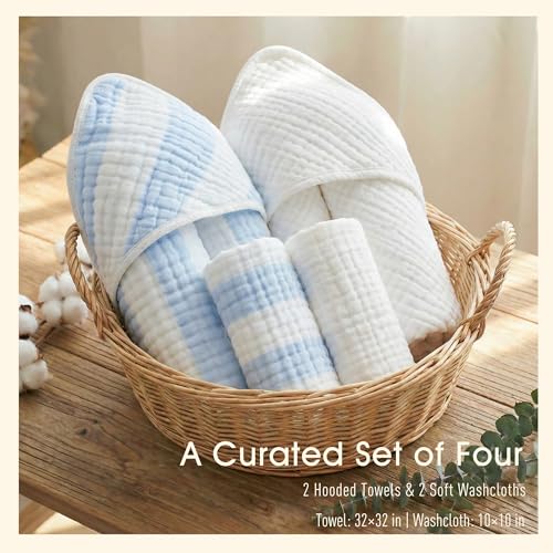 HardNok Muslin Hooded Baby Towel 4 Pack, 100% Organic Premium Cotton, (2) 6-Layer 32x32 Bath Towels & (2) Washcloths, Soft Newborn & Infant Gift Set (Blue Stripe & White)