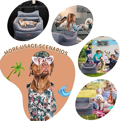 Dog Car Seat - Memory Foam Dog Booster Seat for Small Dogs Up to 25lbs-Elevated Pet Car Seat with Storage Pockets and Dog Seat Belt-Soft Pet Travel Bed for Front & Back Seats-Removable Washable-Grey