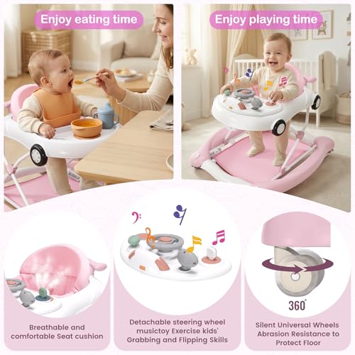 Baby Walker, 5-in-1 Baby Walker for Boys and Girls with Bouncer, Removable Footrest, Music, Foldable & Adjustable Speed Wheels Activity Walker for 6-18 Months Toddler Infant(Pink)
