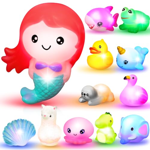 JOYIN 12 PCS Light Up Bath Toys, Toddler Flashing Colourful LED Bathtub Mermaid Toy, Baby Bathtime Floating Rubber Shower Gifts for Infant Kids Girls Valentines Easter Basket Stuffers Pool Party Favor