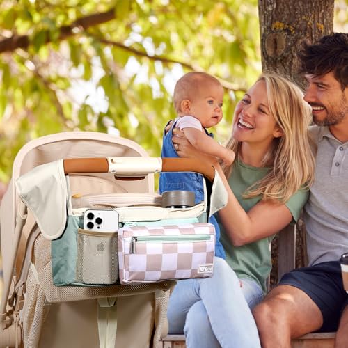 ERRUI Universal Stroller Organizer with Insulated Cup Holders and Detachable Phone Bag,Stroller Caddy Fits for Stroller Accessories like Uppababy, Baby Jogger, Doona, Nuna Stroller (Green Square grid)