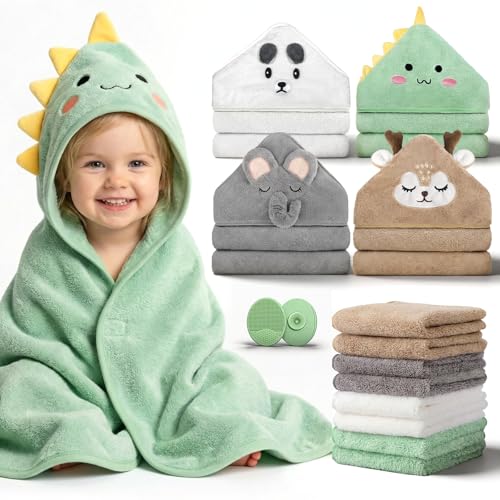 YEFAJUMP 14 PCS Baby Bath Towels Set with 4 PCS Hooded Baby Towels, 8 PCS Washcloths & 2PCS Bath Brush for Infants & Toddlers, Ultra Absorbent Newborn Bath Essentials Gift for Boys & Girls