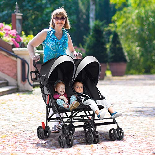 BABY JOY Double Umbrella Stroller, Lightweight Travel Side by Side Twin Stroller with Large Storage, Cup Holder, 5-Point Safety Harness, Adjustable Canopy & Compact Fold for Infant and Toddler (Black)