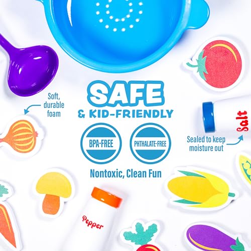 Tub Works® Tub Soup™ Scoop, Strain & Play Toddler Bath Toy | Floating Foam Veggies, Ladle for Scooping & Soup Pot for Straining | Pretend Play Cooking Kids Bath Toys | Creative Bathtub Toys