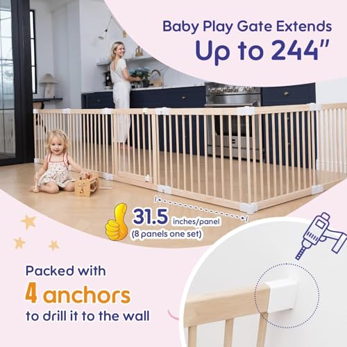 CONKKA Foldable Wooden Baby Playpen Large Play Yard for Babies, 2-in-1 New Mom Helper Portable Fence, 25" Tall Custom Wood Gate with Adjustable Size & Shape for Infants 3-18 Months -63x63x25 inch