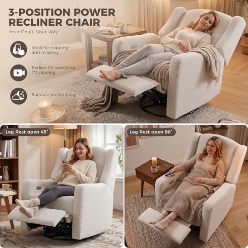 Madaha Power Recliner Chair Swivel Gilder Rocking Chairs Skin-Friendly Power Recliner Nursery Chair for Adults with Waist Pillow, USB Charging (Beige, Only Recliner Chair)