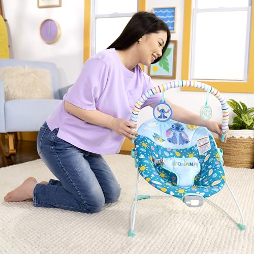 Bright Starts Disney Stitch Ohana Paradise Vibrating Baby Bouncer, Soothing Vibrations Infant Seat with 2 Sensory Toys, 0-6 Months