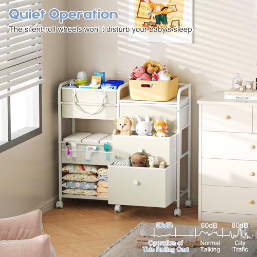 Cidaziya 2In1 Baby Diaper Caddy Organizers and Storage, 3 Tier Rolling Cart with Dividers and Drawers, Mobile Utility Cart Baby Dresser Clothes Organizer for Changing Table, Crib Nursery, Bedroom