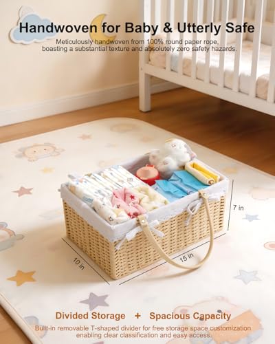 FUFAXHX Large Baby Diaper Caddy Basket - Wicker Paper Rope Storage Baskets Portable Woven Car Organizer for Diapers With Cotton Divider Brown