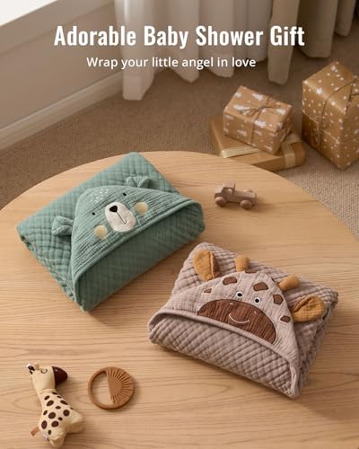 Blissful Diary Muslin Baby Hooded Towel 2 Pack, Soft & Absorbent Bath Towel for Infant, Toddler, Unisex, Baby Gift, Newborn Essentials, Bear & Giraffe